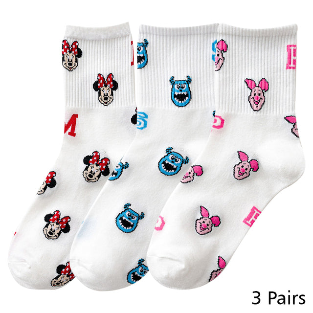 8 Pairs Disney Cartoon Socks Cute Mickey Minnie Daisy Donald Winnie Piglet Print White Funny Harajuku Fashion Kawaii Girl Sock