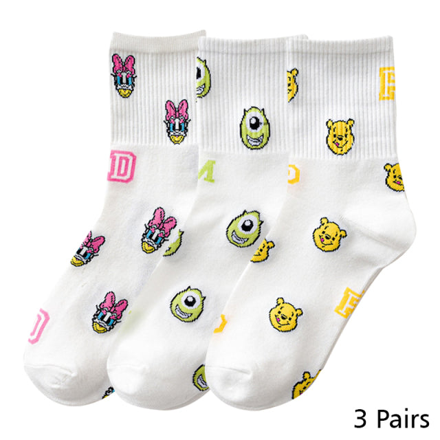 8 Pairs Disney Cartoon Socks Cute Mickey Minnie Daisy Donald Winnie Piglet Print White Funny Harajuku Fashion Kawaii Girl Sock