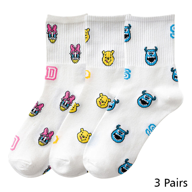 8 Pairs Disney Cartoon Socks Cute Mickey Minnie Daisy Donald Winnie Piglet Print White Funny Harajuku Fashion Kawaii Girl Sock