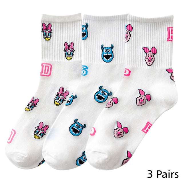 8 Pairs Disney Cartoon Socks Cute Mickey Minnie Daisy Donald Winnie Piglet Print White Funny Harajuku Fashion Kawaii Girl Sock