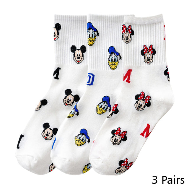 8 Pairs Disney Cartoon Socks Cute Mickey Minnie Daisy Donald Winnie Piglet Print White Funny Harajuku Fashion Kawaii Girl Sock