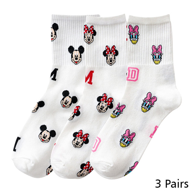 8 Pairs Disney Cartoon Socks Cute Mickey Minnie Daisy Donald Winnie Piglet Print White Funny Harajuku Fashion Kawaii Girl Sock