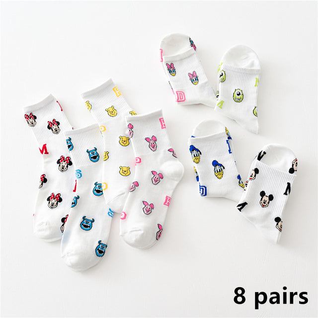 8 Pairs Disney Cartoon Socks Cute Mickey Minnie Daisy Donald Winnie Piglet Print White Funny Harajuku Fashion Kawaii Girl Sock