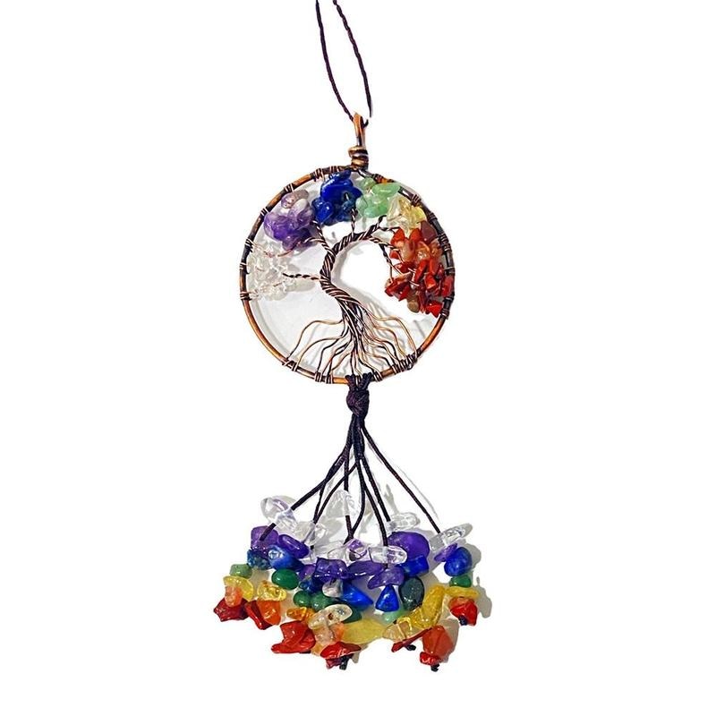 Natural Crystal Stone 7 Chakra Round Tree of Life Pendant Holder Key Bags Accessories Keychains Car Key For Women Ring Hand