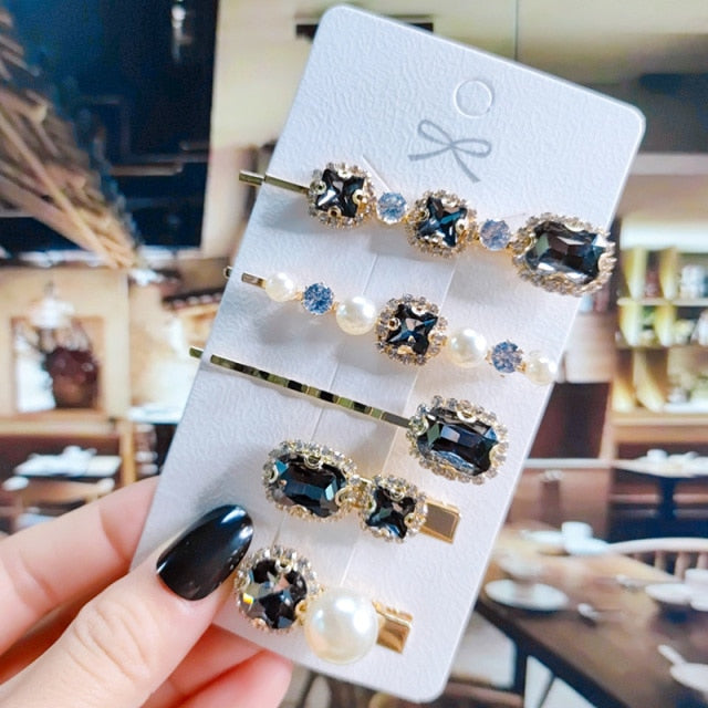 Women Hair Clips Set Jewelry Fashion Green Crystal Hair Accessories Luxury Simulation Pearl Barrette Pin For Girl Gift Ornaments