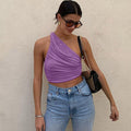 One Shoulder Crop Top Women Sexy Sleeveless Ruched Tank Top Summer White Black Blue Orange Plain Short Tanks Camis