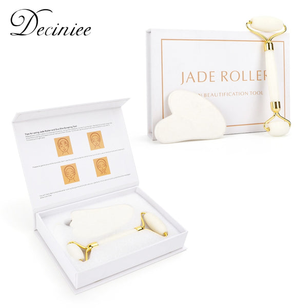Genuine Jade Stone Massage Natural Quartz Scraper Jade Roller Gua Sha Set White Face Lifting Facial Massager Tool for Back Neck