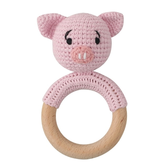 1pc Wooden Crochet Bunny Rattle Toy BPA Free Wood Ring Baby Teether Rodent Baby Gym Mobile Rattles Newborn Educational Toys