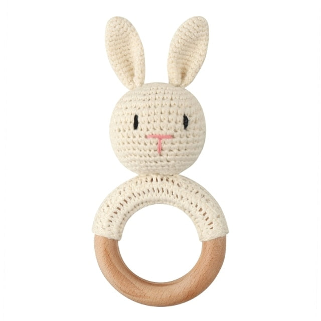 1pc Wooden Crochet Bunny Rattle Toy BPA Free Wood Ring Baby Teether Rodent Baby Gym Mobile Rattles Newborn Educational Toys