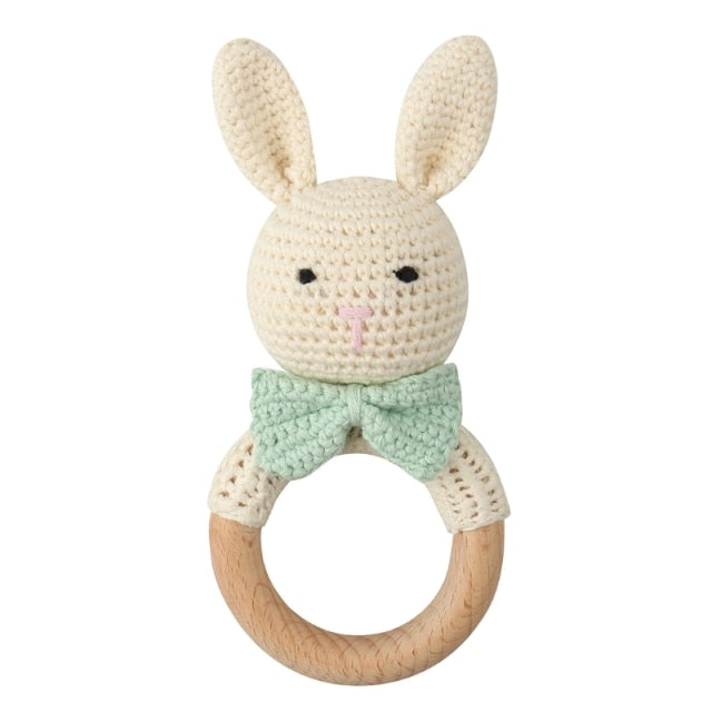 1pc Wooden Crochet Bunny Rattle Toy BPA Free Wood Ring Baby Teether Rodent Baby Gym Mobile Rattles Newborn Educational Toys