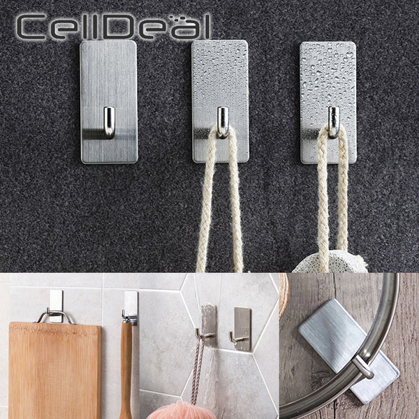 Stainless Steel Wall Hook Self Adhesive Sticky Kitchen Home Bathroom Key Bag Hanger Storage Hanging Holder Waterproof Towel Rack