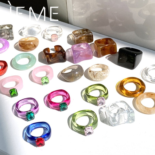 IF ME Ins Aesthetic Colorful Transparent Resin Acrylic Crystal Korean Geometric Irregular Square Rings for Women Trendy Jewelry