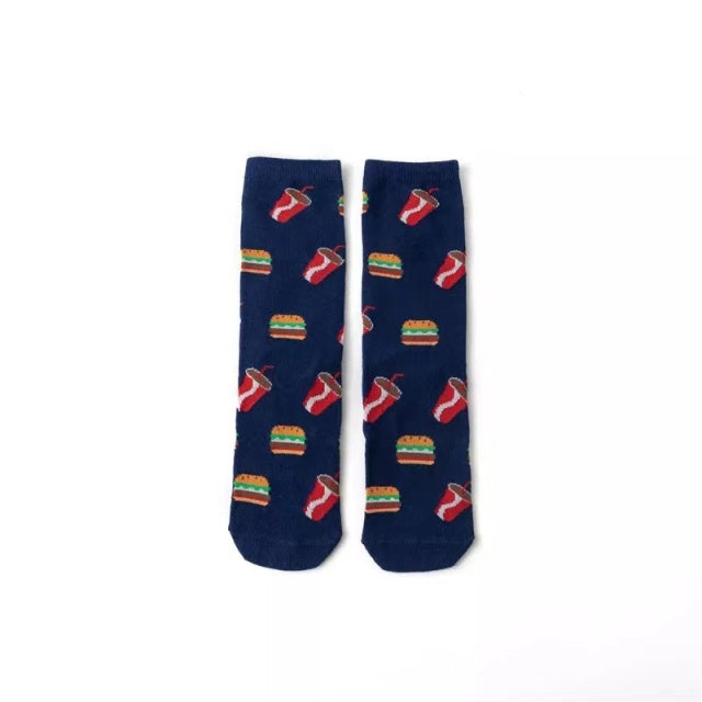 Hot Sale Funny Harajuku Women Casual Cartoon Fruit Sock Banana Avocado Lemon Egg Cookie Donuts Colorful Japanese Skateboard Sock