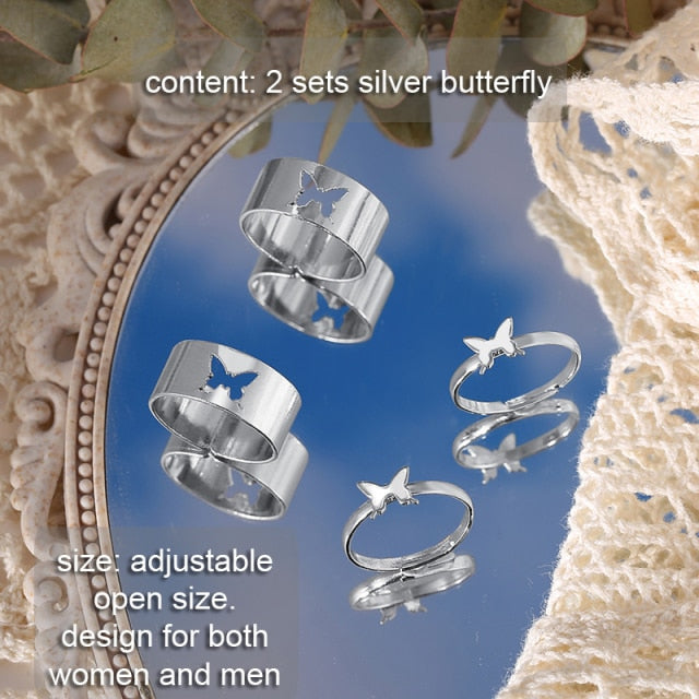 IF ME 2 Paired Butterfly Couple Adjustable Opening Ring Set for Women Men Unisex Gold Silver Color Metal Rings Trendy Jewelry