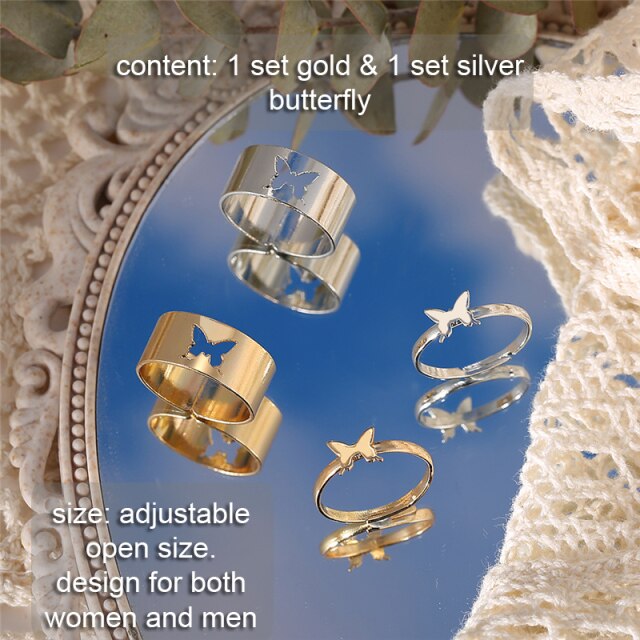 IF ME 2 Paired Butterfly Couple Adjustable Opening Ring Set for Women Men Unisex Gold Silver Color Metal Rings Trendy Jewelry
