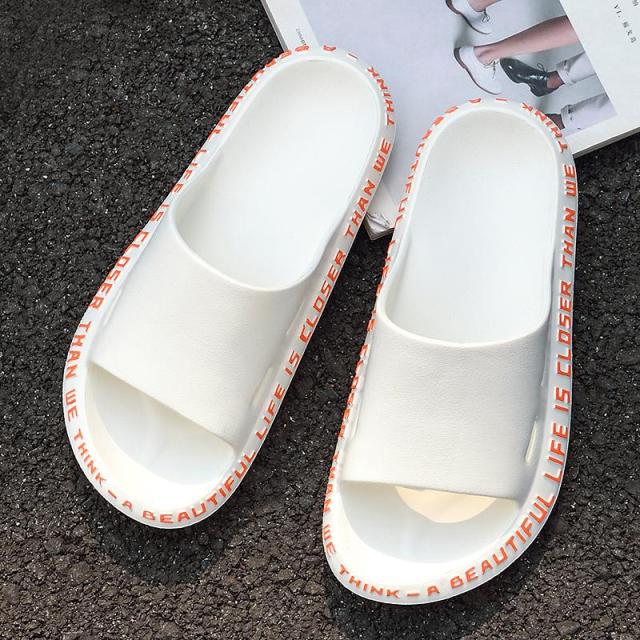 Summer Women Men Slippers Beach Slide Sandals Cute Words Alphabet Non-Slip Soft Sole Couple Ladies Home Outdoor Bathroom Shoes
