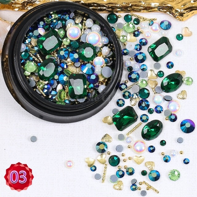 1 Jar Mix Shapes Glitter Diamond Pearls Metal Twisted Bar Beads Frosted Heart Nail Art Rhinestones Gems Decals Manicure DIY Tips