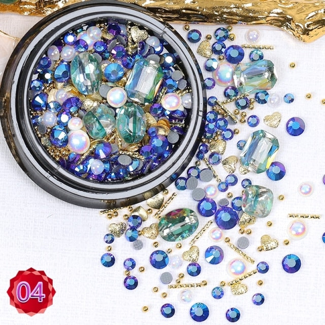 1 Jar Mix Shapes Glitter Diamond Pearls Metal Twisted Bar Beads Frosted Heart Nail Art Rhinestones Gems Decals Manicure DIY Tips