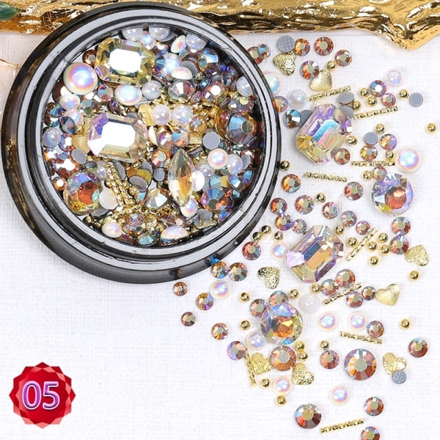 1 Jar Mix Shapes Glitter Diamond Pearls Metal Twisted Bar Beads Frosted Heart Nail Art Rhinestones Gems Decals Manicure DIY Tips