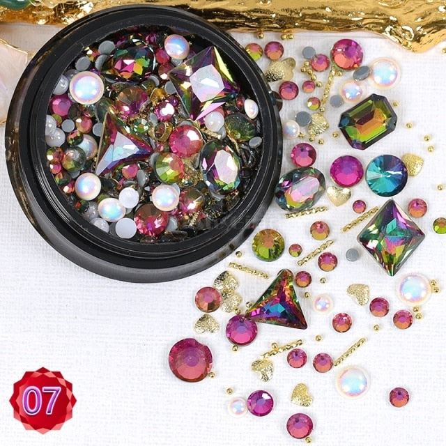 1 Jar Mix Shapes Glitter Diamond Pearls Metal Twisted Bar Beads Frosted Heart Nail Art Rhinestones Gems Decals Manicure DIY Tips