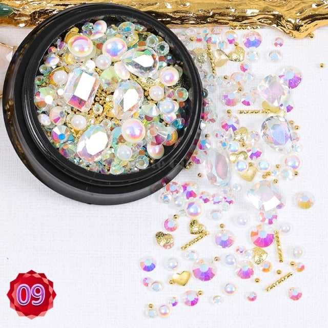 1 Jar Mix Shapes Glitter Diamond Pearls Metal Twisted Bar Beads Frosted Heart Nail Art Rhinestones Gems Decals Manicure DIY Tips