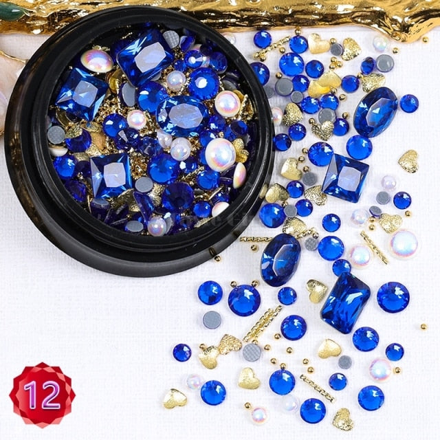 1 Jar Mix Shapes Glitter Diamond Pearls Metal Twisted Bar Beads Frosted Heart Nail Art Rhinestones Gems Decals Manicure DIY Tips