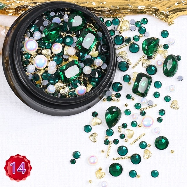 1 Jar Mix Shapes Glitter Diamond Pearls Metal Twisted Bar Beads Frosted Heart Nail Art Rhinestones Gems Decals Manicure DIY Tips