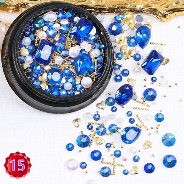 1 Jar Mix Shapes Glitter Diamond Pearls Metal Twisted Bar Beads Frosted Heart Nail Art Rhinestones Gems Decals Manicure DIY Tips