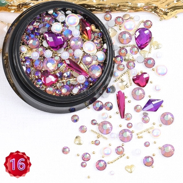 1 Jar Mix Shapes Glitter Diamond Pearls Metal Twisted Bar Beads Frosted Heart Nail Art Rhinestones Gems Decals Manicure DIY Tips
