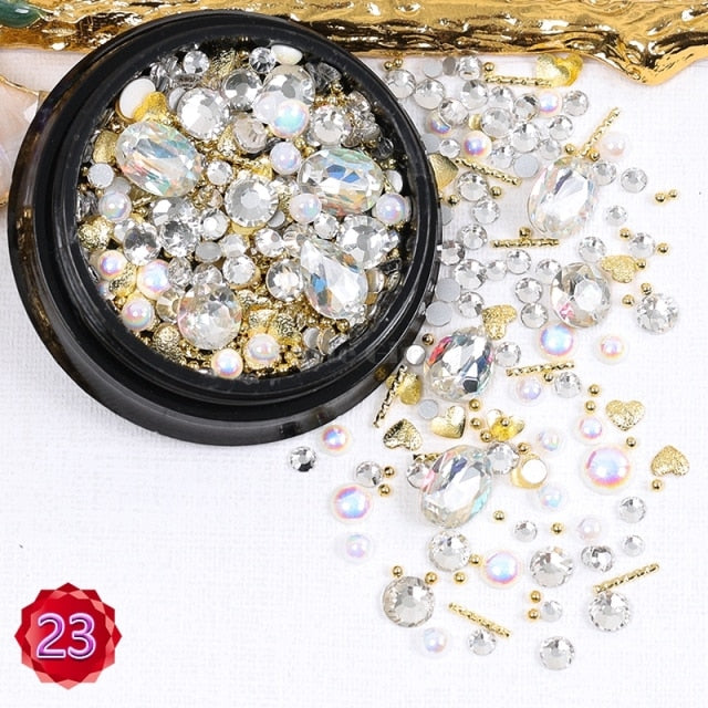 1 Jar Mix Shapes Glitter Diamond Pearls Metal Twisted Bar Beads Frosted Heart Nail Art Rhinestones Gems Decals Manicure DIY Tips