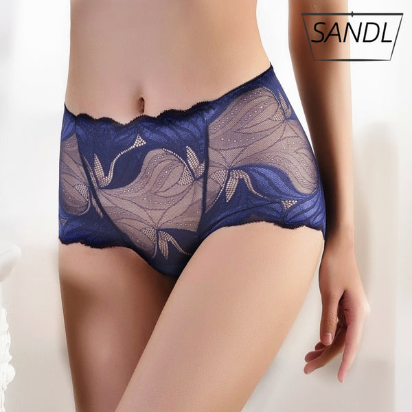 SANDL Sexy Women Underwear Panties Lace Mid-Waist Briefs Female Translucent Elastic Underpant Floral Mesh Lingerie Cotton Crotch
