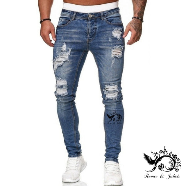 Jeans Men Ripped Skinny Jeans Blue Pencil Pants Motorcycle Party Casual Trousers Street Clothing 2020 Denim Man Clothin