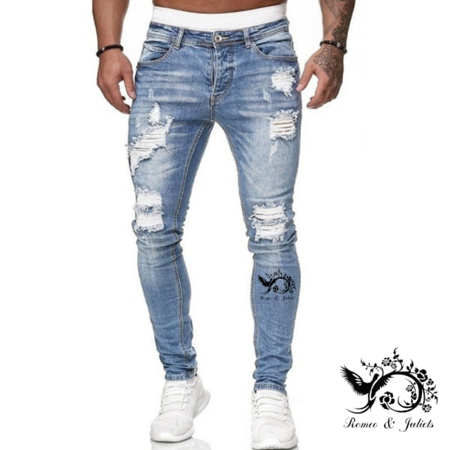 Jeans Men Ripped Skinny Jeans Blue Pencil Pants Motorcycle Party Casual Trousers Street Clothing 2020 Denim Man Clothin