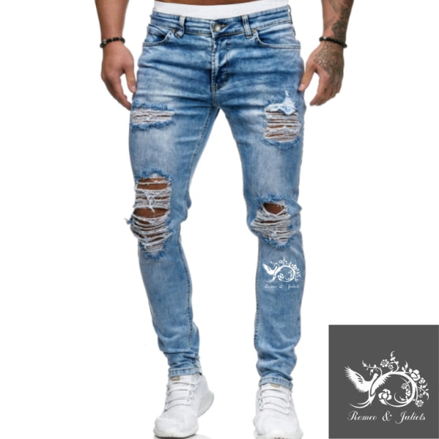 Jeans Men Ripped Skinny Jeans Blue Pencil Pants Motorcycle Party Casual Trousers Street Clothing 2020 Denim Man Clothin