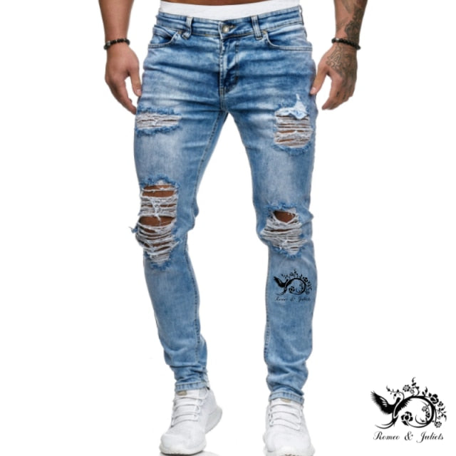 Jeans Men Ripped Skinny Jeans Blue Pencil Pants Motorcycle Party Casual Trousers Street Clothing 2020 Denim Man Clothin