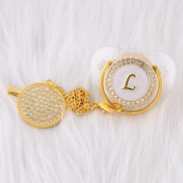 26 Initial Letters Transparent Bling Pacifier With Chain Clip Newborn Kids Baby Orthodontic Dummy Teat Nipple Soother