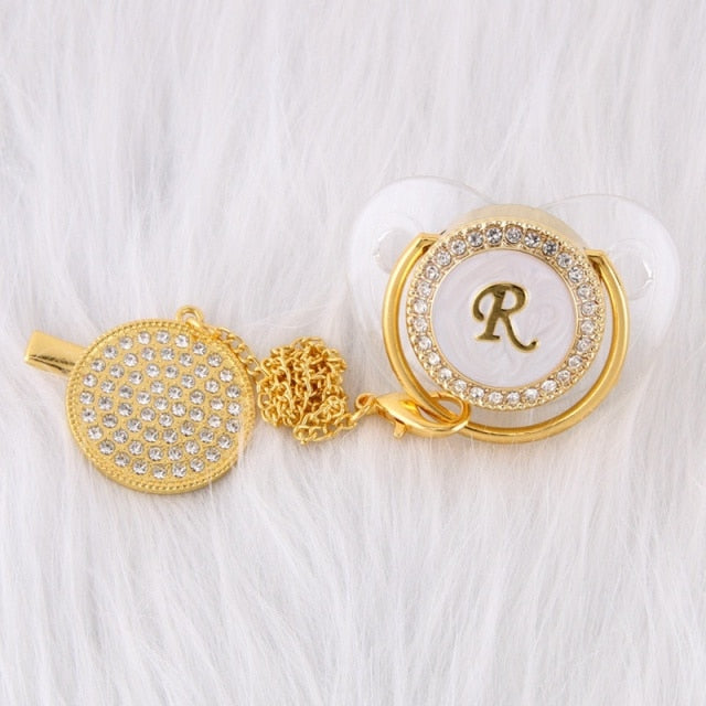 26 Initial Letters Transparent Bling Pacifier With Chain Clip Newborn Kids Baby Orthodontic Dummy Teat Nipple Soother