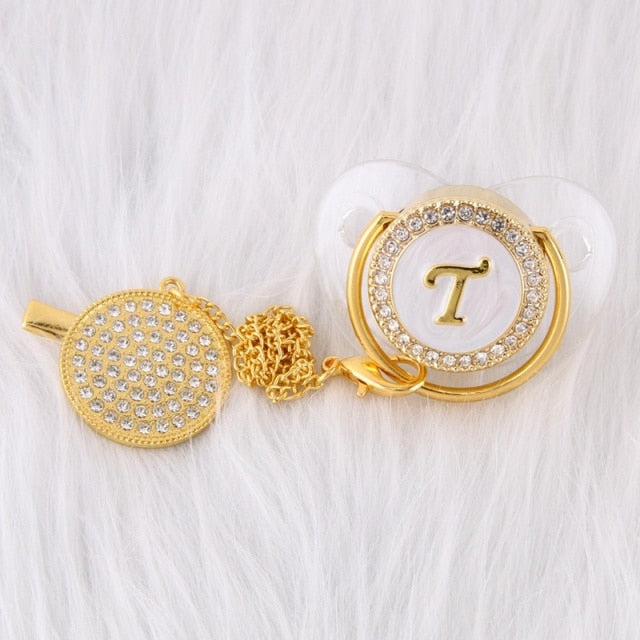 26 Initial Letters Transparent Bling Pacifier With Chain Clip Newborn Kids Baby Orthodontic Dummy Teat Nipple Soother