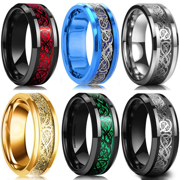 FDLK   8 Colors 8mm Men's Stainless Steel Dragon Ring Inlay Red Green Black Carbon Fiber Ring Wedding Band Jewelry Size 6-13