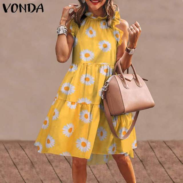 Summer Mini Dress Women Elegant Ruffled Party Dress 2021 VONDA Summer Beach Holiday Sundress Bohemian Vestido  Robe