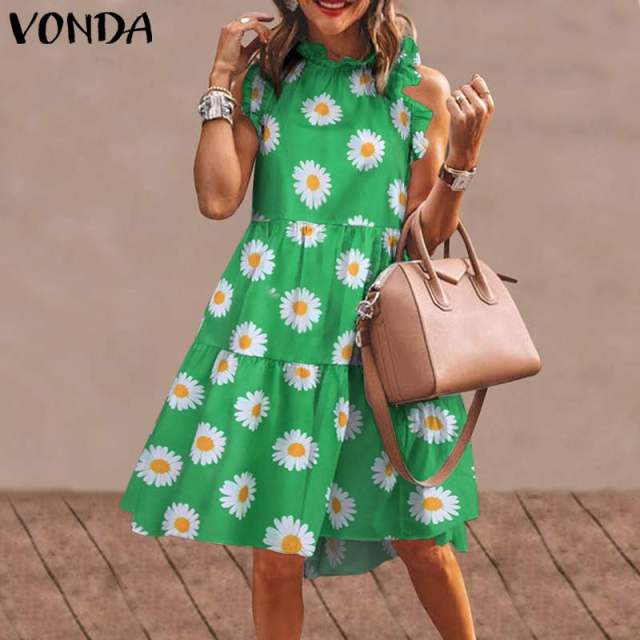 Summer Mini Dress Women Elegant Ruffled Party Dress 2021 VONDA Summer Beach Holiday Sundress Bohemian Vestido  Robe