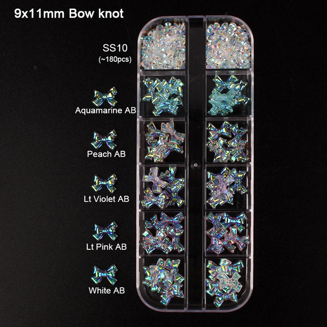 12 grid box 60Pcs 3D Cute Bear/Butterfly Resin Nail Art Decorations Aurora Rhinestone for Nails Glitter DIY Manicure Accessories