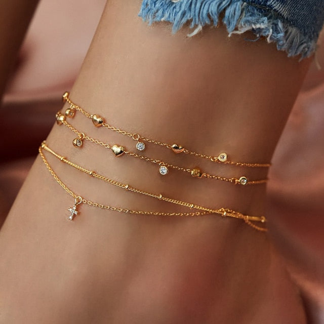 IPARAM Summer Simple Silver Color Bead Chain Anklet Bohemian Vintage Footwear Leg Bracelets 2021 Female Foot Jewelry