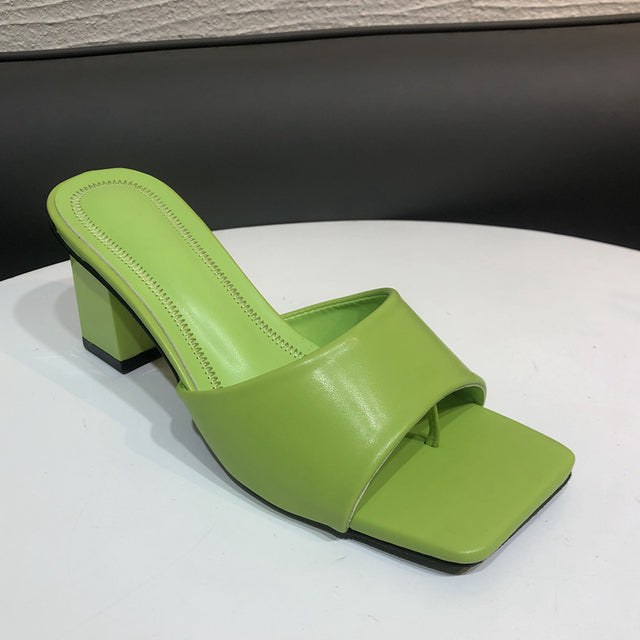 SUOJIALUN 2021 New Brand Women Slipper Summer Outdoor Sandal Square High Heel Slip On Flip Flop Elegant Women Slides Sandal