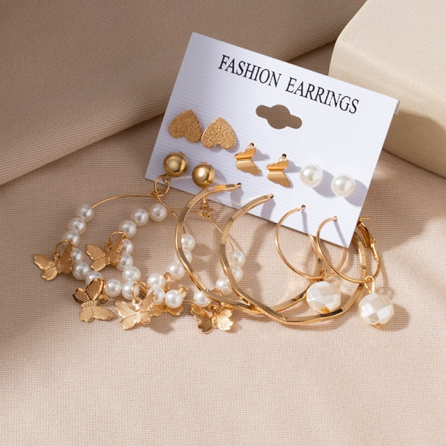 Women's Earrings Set Retro Korean Geometric Stud Earrings for Women Korean Gold Small Metal Pearl Earring 2021 Trend Jewelry