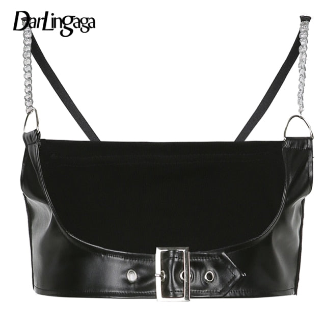 Darlingaga Streetwear Gothic Dark PU Leather Crop Top Women Hook Lace Up Punk Style Tank Top Cummerbunds Corset Tops To Wear Out