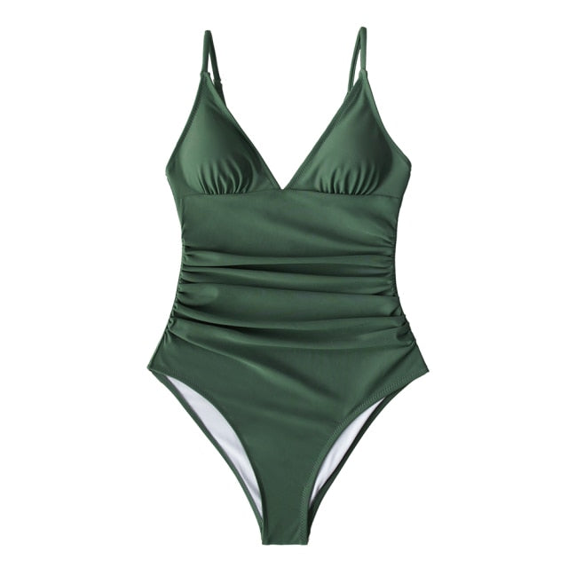 CUPSHE Solid Burgundy Shirring One-piece Swimsuit Women Deep V-neck Removable Bra Plain Monokinis 2021 New Summer Beach Swimwear