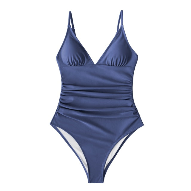 CUPSHE Solid Burgundy Shirring One-piece Swimsuit Women Deep V-neck Removable Bra Plain Monokinis 2021 New Summer Beach Swimwear