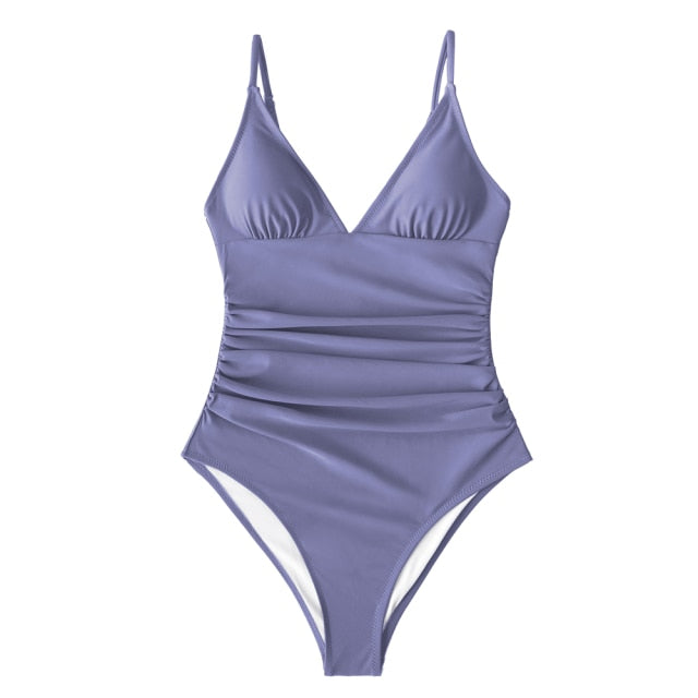 CUPSHE Solid Burgundy Shirring One-piece Swimsuit Women Deep V-neck Removable Bra Plain Monokinis 2021 New Summer Beach Swimwear