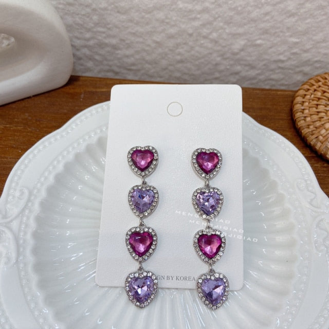 MENGJIQIAO New Korean Shiny Heart Crystal Drop Earrings For Women Fashion Shell Rhinestone Boucle D'oreille Party Jeweley Gift